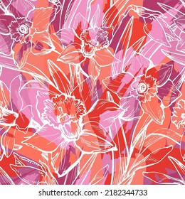 Floral seamless pattern filled with joyful spring summer flowers and colored strokes. Design for textile, fabric, wallpaper, bedding, packaging. Vector Illustration