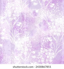 Floral seamless pattern with  fireweed flowers on a pink watercolor textured background.  Vector illustration. Art botanical background. Perfect for design templates, wallpaper, wrapping, fabric.