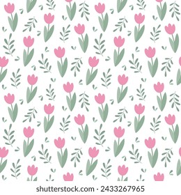 Floral seamless pattern in flat design. Cute vector illustration with flowers and leaves.