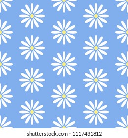 Floral seamless pattern with flat line icons of daisy chains. Flower background beautiful garden chamomile plant. Blue white color texture for kids fabric.