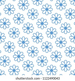 Floral seamless pattern with flat line icons of daisy chains. Flower background garden chamomile plant. Beautiful blue white color texture for kids fabric.