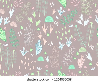 Floral seamless pattern. Flat simple ornament with fantastic flowers on a grey background
