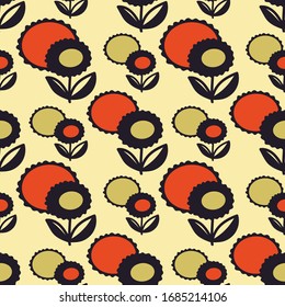 Floral seamless pattern in flat style. Hand drawn abstract fantasy flowers. Vintage background in blue, red, gold colors.
