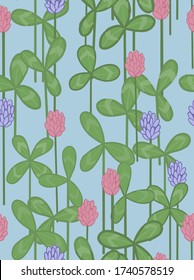 Patrón floral sin fisuras. Ilustración de trébol de estilo plano.  Patrón de tréboles en azul