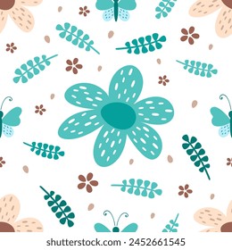 Floral seamless pattern in flat style. Flower digital paper. Scrapbook paper, background, nurseru print, fabric. Hand drawn vector pattern