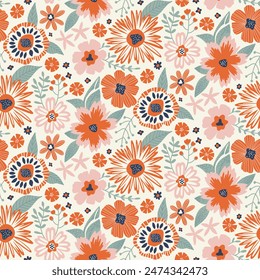 Floral Seamless Pattern in Flat Style six colors orange, green, pink, navy blue on white. Repeat Wallpaper Print Texture. Perfectly for Wrapping Paper, Textile, Fabric, Decor Ornament.