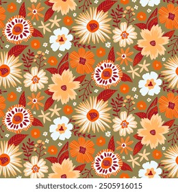 Floral Seamless Pattern in Flat Style in Orange, Olive Green, White, Dark Red, Sandy Brown Colors. Repeat Wallpaper Print Texture. Perfectly for Wrapping Paper, Textile, Fabric, Decor Ornament.