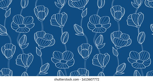Floral seamless pattern of flax plant with flowers and buds. linear flowers. 2020 color panton Classic Blue. for textile and background