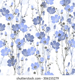 Floral seamless pattern of flax plant with flowers and buds.