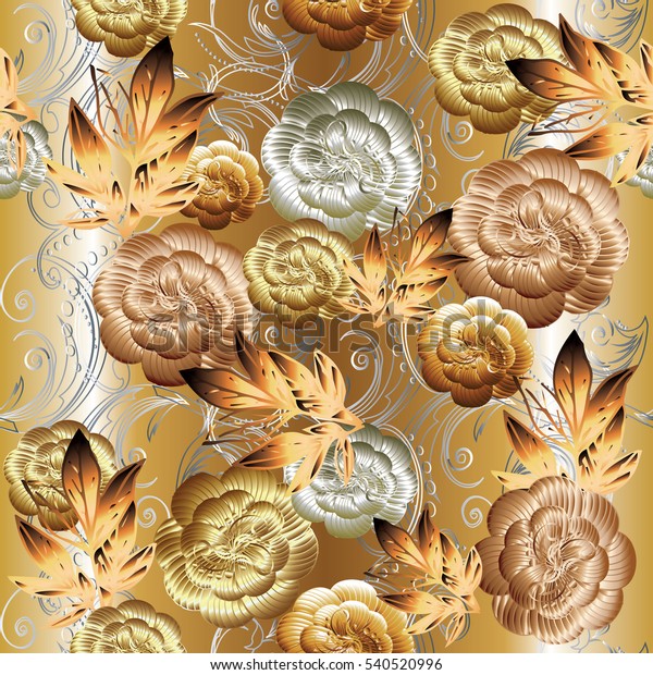 Floral seamless pattern. Flourish 3d wallpaper. Ornate flowery vector background. Surface elegant volumetric texture with 3d flowers leaves and ornaments.Texture with shadows and highlights.