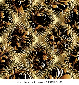 Floral seamless pattern.. Flourish  black background wallpaper illustration with vintage antique  gold  3d damask  flowers,  leaves and  3d  ornaments. Vector surface  texture.