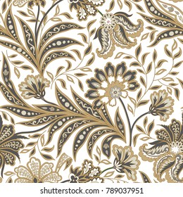 Floral seamless pattern. Flourish tiled oriental flower ethnic background. Arabic ornament with fantastic flowers and leaves. Wonderland motives of ancient Indian fabric patterns.