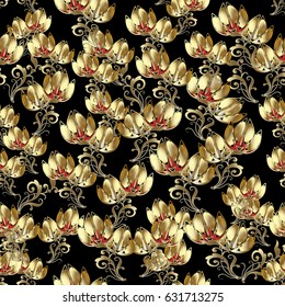 Floral seamless pattern. Flourish  wallpaper. Ornate flowery vector background with 3d gold flowers, swirl leaves and ornaments. Luxury texture with shadows and highlights.