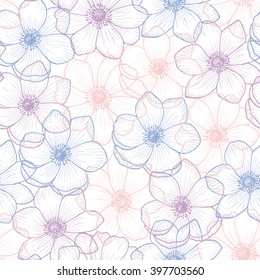 Floral seamless pattern of flower anemone in color pantone 2016, lilac anemones background, vector illustration for greeting card, holiday, wedding, birthday, textile, wallpaper, wrapping