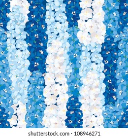 Floral seamless pattern. Flower background. Floral seamless texture with white, blue and dark blue flowers delphinium