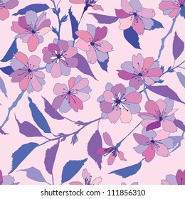 Floral seamless pattern. Flower background. Floral seamless texture with pink and lilac flowers apple tree branch