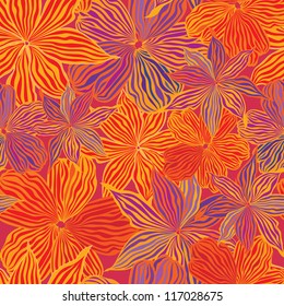 Floral seamless pattern. Flower background. Floral seamless texture with flowers in 60s style, Red and orange flowers. 1960s texture.