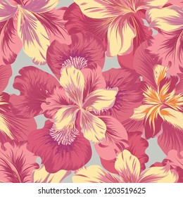 Floral seamless pattern.  Flower background. Flourish garden texture with flowers iris. Flourish nature garden textured wallpaper