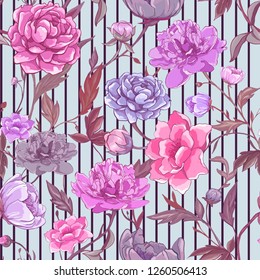Floral seamless pattern. Flower background. Bloom garden Wallpaper with flowers. Bright background with lush colors and vertical lines.