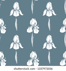 Floral seamless pattern. Flower background. Engraving seamless texture with flowers iris. Flourish tiled wallpaper 10 eps