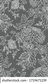 Floral seamless pattern. Flower background. Floral tile ornamental texture with flowers and leafs Spring flourish garden. gray and white background.