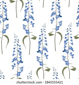 Floral seamless pattern. Flower background. Floral seamless texture with flowers delphinium on white background.