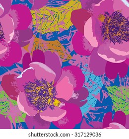 Floral seamless pattern. Flower background in 1960s pop-art style. Floral seamless texture with flowers.