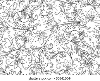 Floral seamless pattern. Flower background. Floral Pattern with hand-drawn flowers. Outline drawing