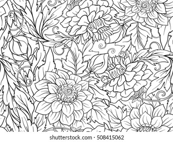 Floral seamless pattern. Flower background. Floral Pattern with hand-drawn flowers. Outline drawing