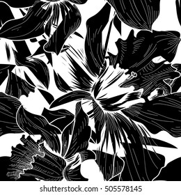 Floral seamless pattern. Flower black and white background. Petal engraving texture . Flourish chaotic blot tile wallpaper