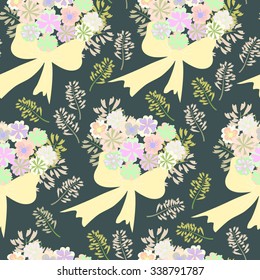 Floral seamless pattern with flower bouquet and bow.