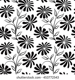 Floral seamless pattern. Flower bouquet background. Ornamental texture with flowers chamomile. Flourish black and white tiled wallpaper