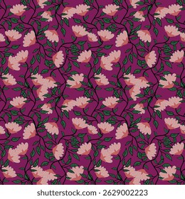 Patrón sin fisuras florales, ramificaciones de flores patrón sin fisuras, Vector, ilustración, diseño de patrón de flores Patrón de flores sin fisuras con flores pequeñas de colores. Fondo plano simple de flores brillantes