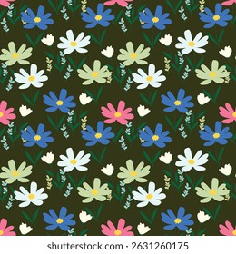 Patrón sin fisuras florales, ramificaciones de flores patrón sin fisuras, Vector, ilustración, diseño de patrón de flores Patrón de flores sin fisuras con flores pequeñas de colores. Fondo plano simple de flores brillantes
