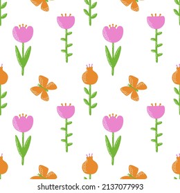 Floral seamless pattern with flower and butterfly. Vector Illustration in orange, pink and green colors for fabric, textile, background, wallpaper.