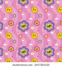 Patrón sin soldadura floral. diseño de patrón sin foco. Patrón floral de moda. Flor de Groovy. ilustración vectorial.
