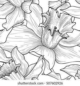 Floral seamless pattern. Flower doodle background. Floral engraving texture with flowers. Flourish sketch tiled wallpaper