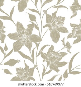 Floral seamless pattern. Flower doodle background. Engraving texture with flowers daffodil. Flourish etching tile wallpaper