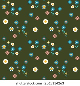 Floral seamless pattern with flower and heart shapes in modern abstract design, decorative background, textile print, wallpaper.