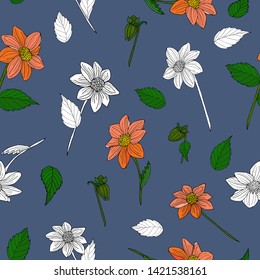 Floral seamless pattern. Pattern with flower ink sketch. Dahlia. Print for card, banner, poster, wrapping, fabric, notebook, invitation.