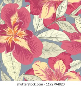 Floral seamless pattern. Flower iris background. Flourish garden texture with flowers and leaves. Nature textured wallpaper