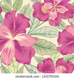 Floral seamless pattern.  Flower iris background. Flourish garden texture with flowers and leaves. Flourish nature textured wallpaper