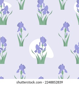 Floral seamless pattern. Flower iris with buds and leaves on light purple background. Vector illustration. Botanical pattern for decor, design, packaging, wallpapers, textiles and decoration.