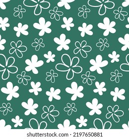 Floral seamless pattern flower leaf heart vector illustration for design and decoration, bright white print on a green background