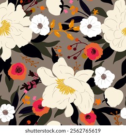 Floral seamless pattern of flower, leaf, branch, foliage. Hand drawn illustration for fabrics, covers, backgrounds and other decor. Folk art.