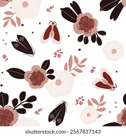 Floral seamless pattern of flower, leaf, branch, foliage. Hand drawn illustration for fabrics, covers, backgrounds and other decor. Folk art.