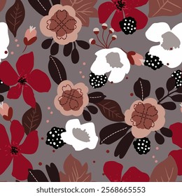Floral seamless pattern of flower, leaf, branch, foliage. Hand drawn illustration for fabrics, covers, backgrounds and other decor. Folk art.