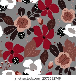 Floral seamless pattern of flower, leaf, branch, foliage. Hand drawn illustration for fabrics, covers, backgrounds and other decor. Folk art.