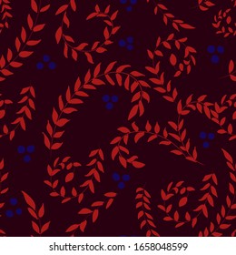 Floral sin fisuras con hojas de flores aisladas en un fondo oscuro. Papel pintado de diseño, textil, tela, embalaje, papel de embalaje. Ilustración vectorial.
