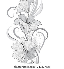 Floral seamless pattern. Flower lily border background. Greeting card design with flowers.